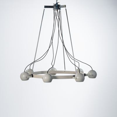 Stilnovo, Lampadario a sospensione in metallo cromato e verniciato