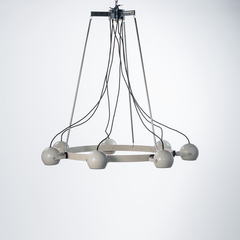 Stilnovo, Lampadario a sospensione in metallo cromato e verniciato