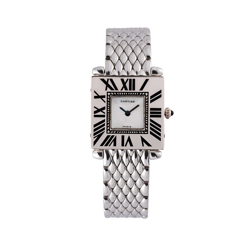 Cartier - Orologio Tank Obus “Quartz” in oro bianco 18 kt con quadrante in madreperla