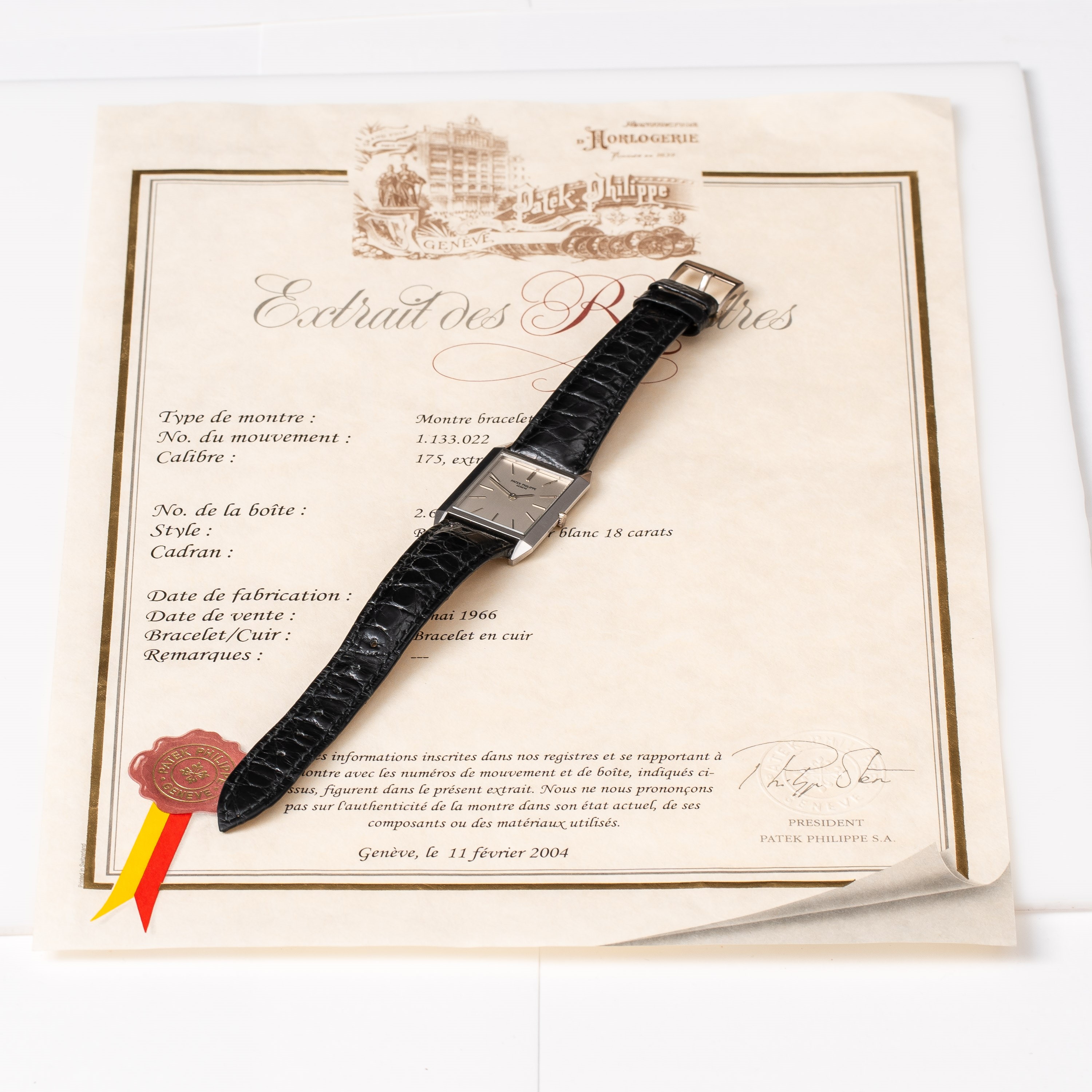 Patek Philippe - Tank, orologio da polso in oro bianco 18 kt a carica manuale (175) con estratto ...