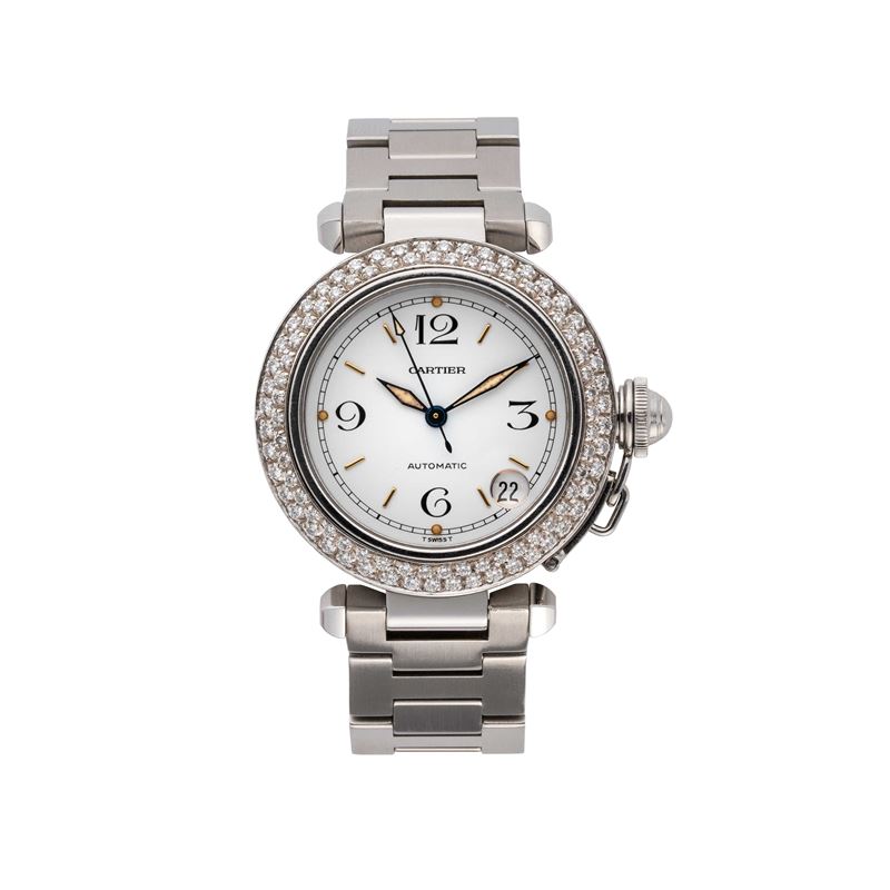 Cartier - Pasha 2324, orologio da polso in acciaio con ghiera in diamanti e datario