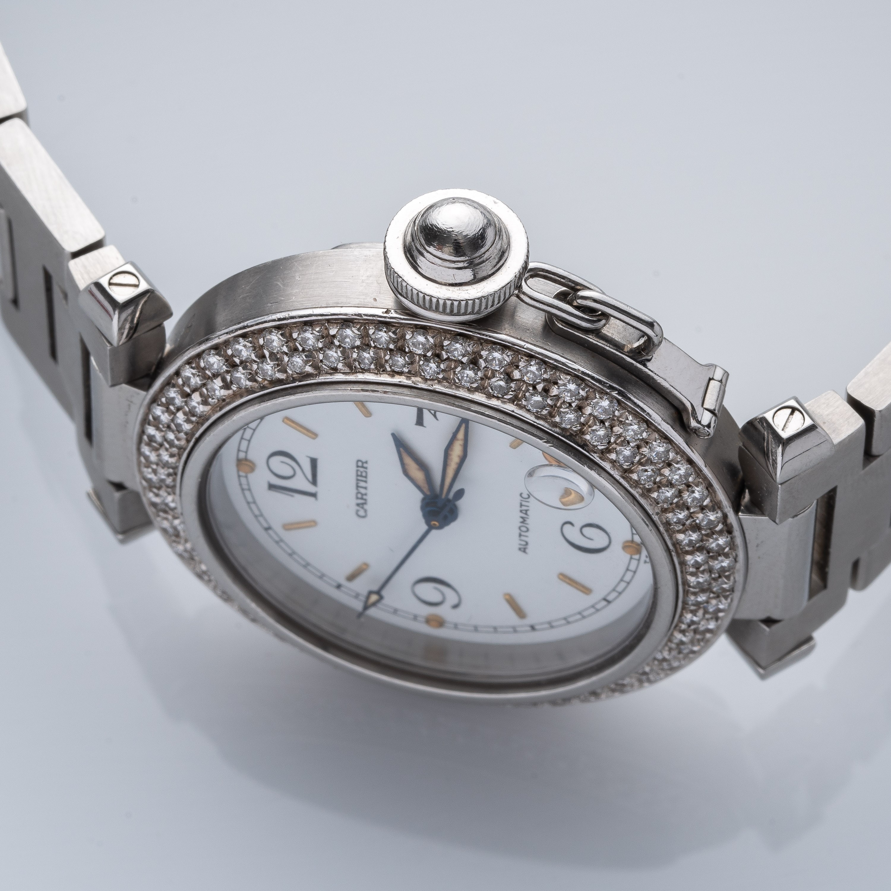 Cartier - Pasha 2324, orologio da polso in acciaio con ghiera in diamanti e datario