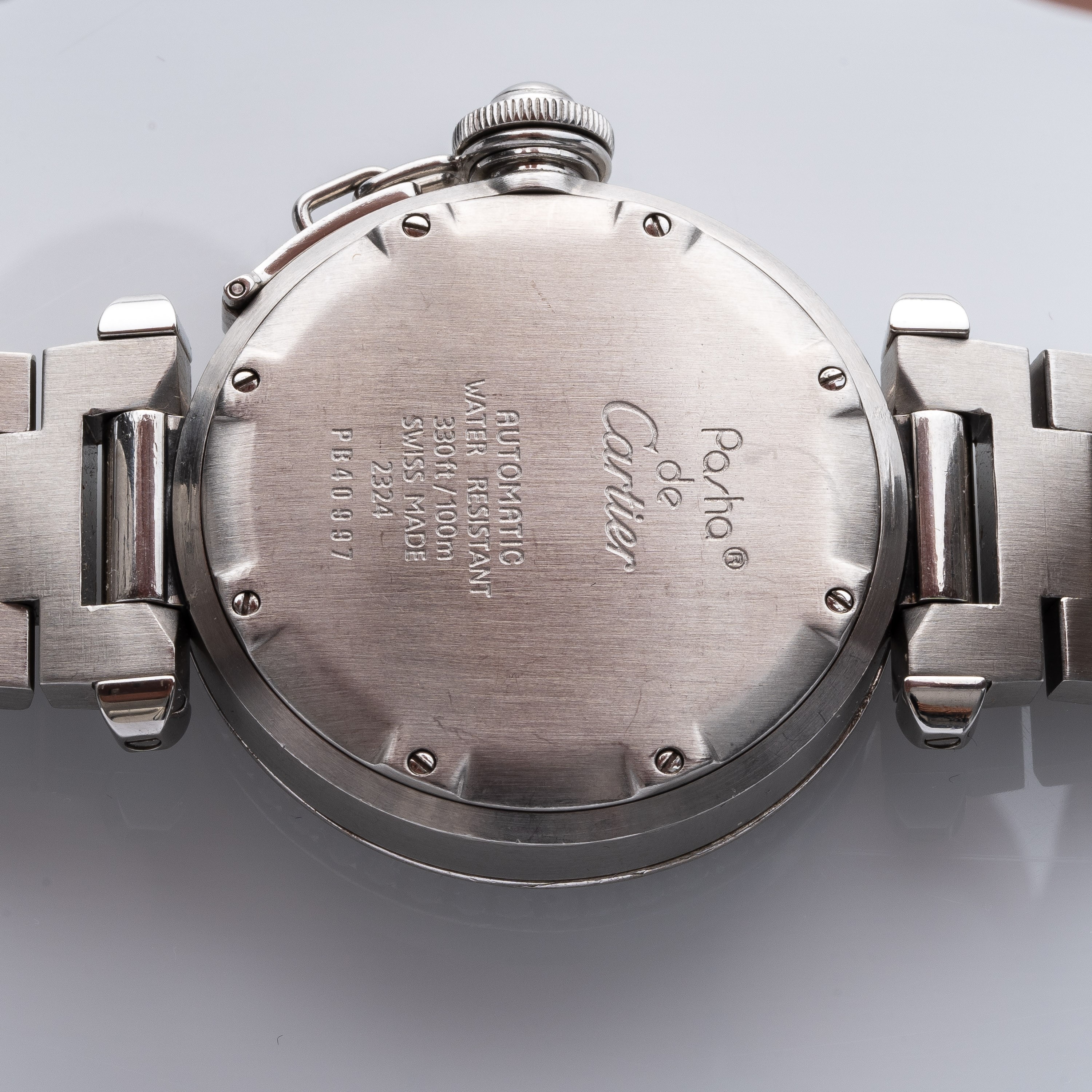 Cartier - Pasha 2324, orologio da polso in acciaio con ghiera in diamanti e datario