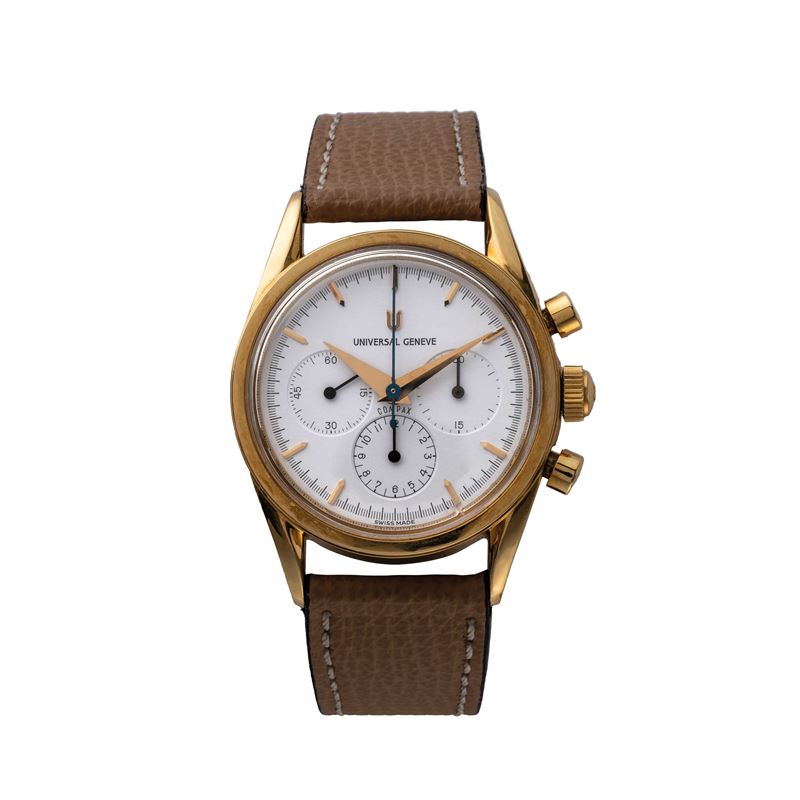 Universal Geneve - Compax cronografo manuale in oro giallo 18 kt con quadrante bianco a tre conta...