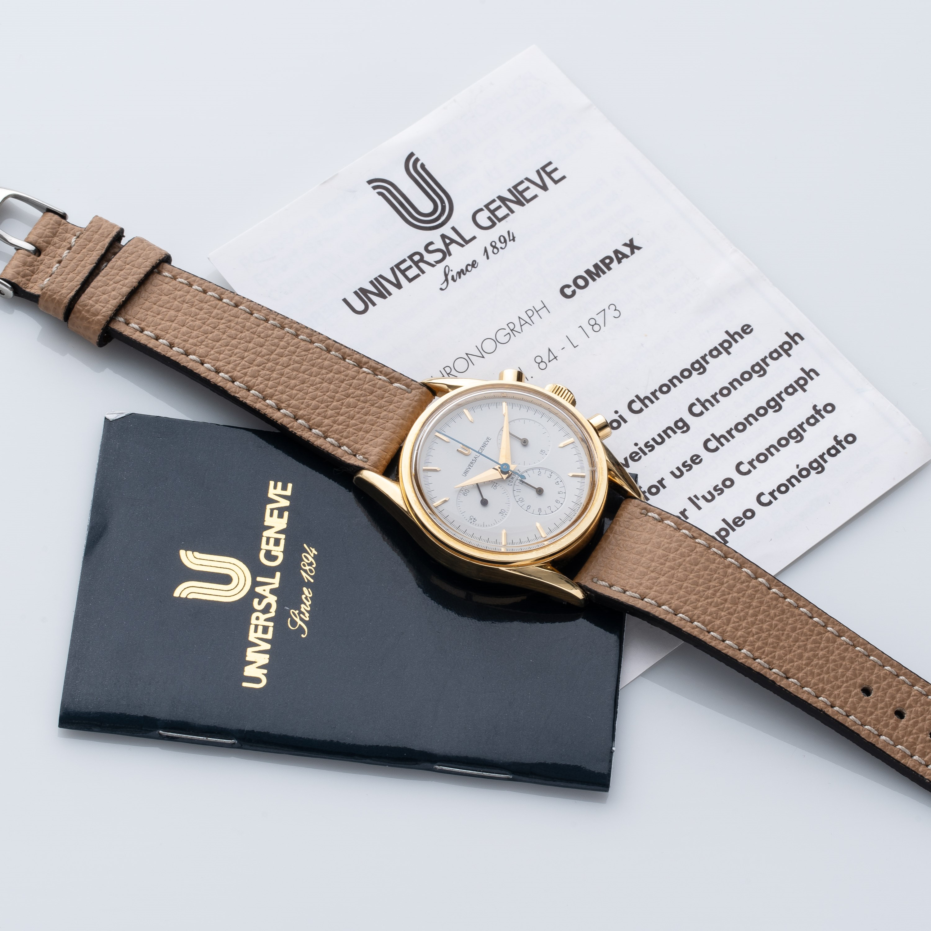 Universal Geneve - Compax cronografo manuale in oro giallo 18 kt con quadrante bianco a tre conta...