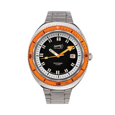 Scafograf Super 500M, orologio automatico in acciaio con ghiera in bakelite arancione e datario o...