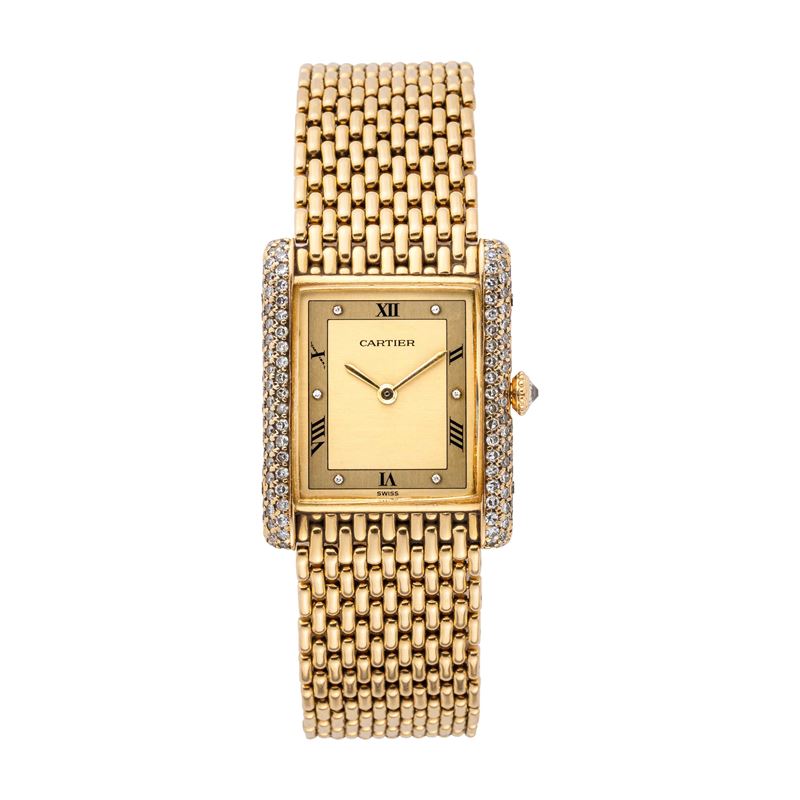 Cartier - Tank, orologio da polso in oro giallo 18 kt con diamanti e carica manuale (cassa 96065,...