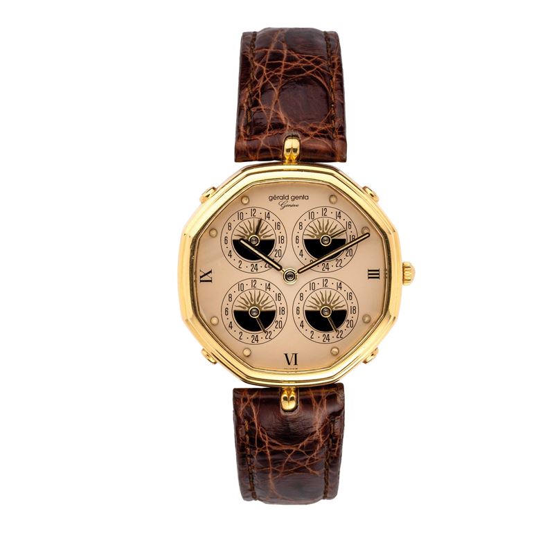 Gerald Genta - Four Time Zone, orologio al quarzo in oro giallo 18 kt con quattro fusi orari e ca...