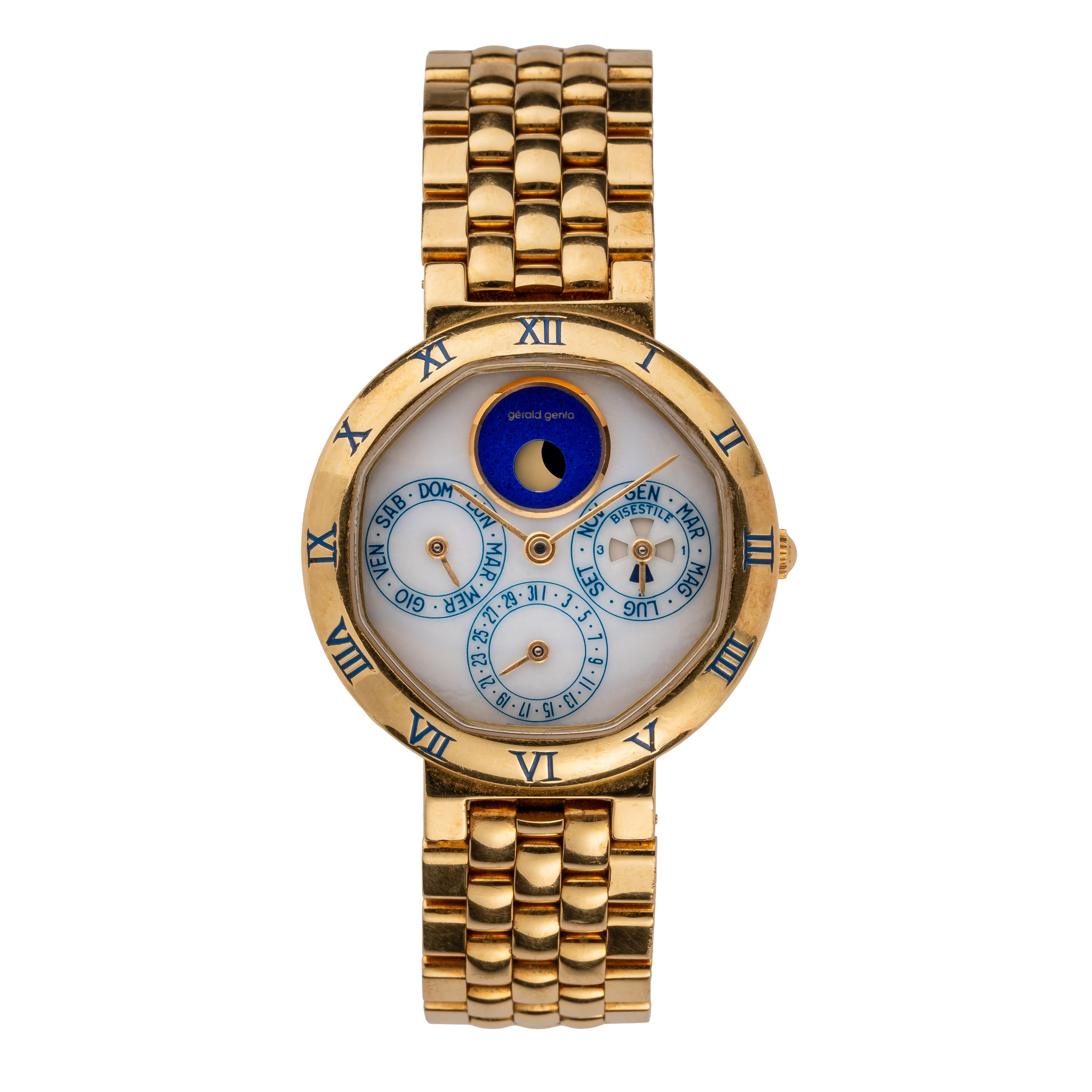 Gerald Genta - Calendario perpetuo con fasi lunari, orologio automatico in oro giallo 18 kt con q...
