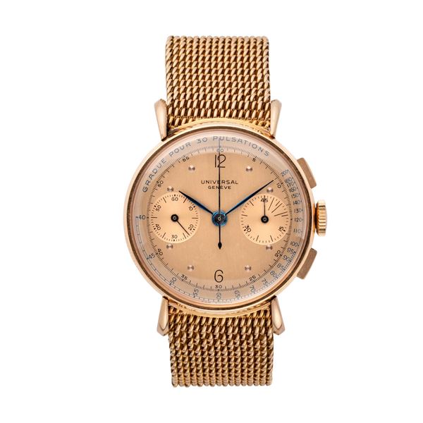 UNIVERSAL GENEVE - CRONOGRAFO PULSOMETRICO OROLOGIO A CARICA MANUALE IN ORO ROSA 18KT CON  ANSE DI FORMA,  [..]