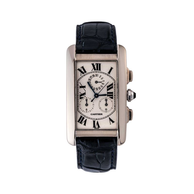 Cartier - Tank Américaine Cronografo al quarzo in oro bianco 18 kt con deployante, quadrante bian...