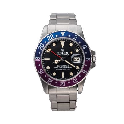 GMT-Master 1675, orologio automatico in acciaio con ghiera bidirezionale blu/virata fucsia e data...