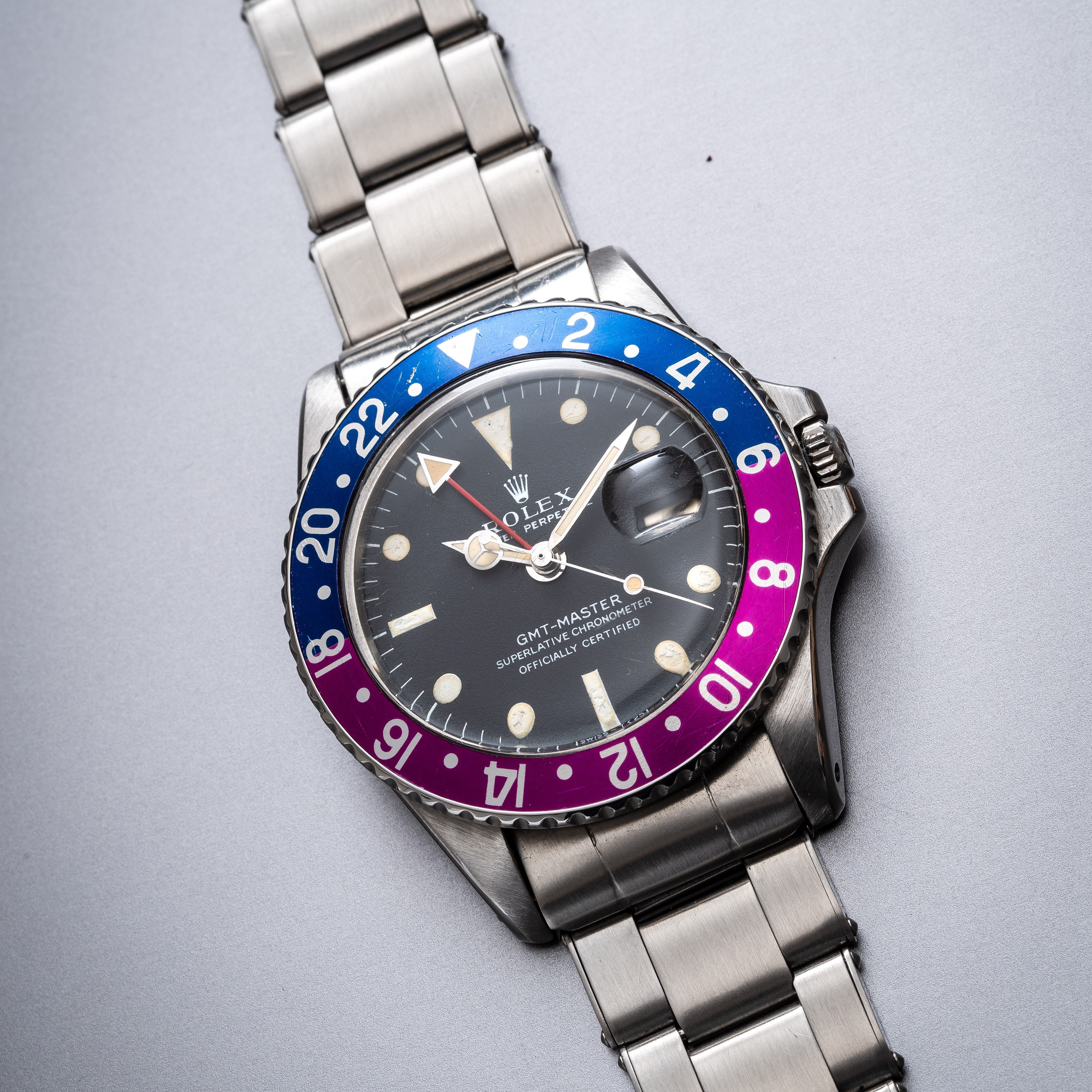 Rolex - GMT-Master 1675, orologio automatico in acciaio con ghiera bidirezionale blu/virata fucsi...