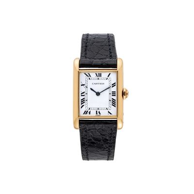 Tank in oro giallo 18 kt con quadrante bianco, carica manuale