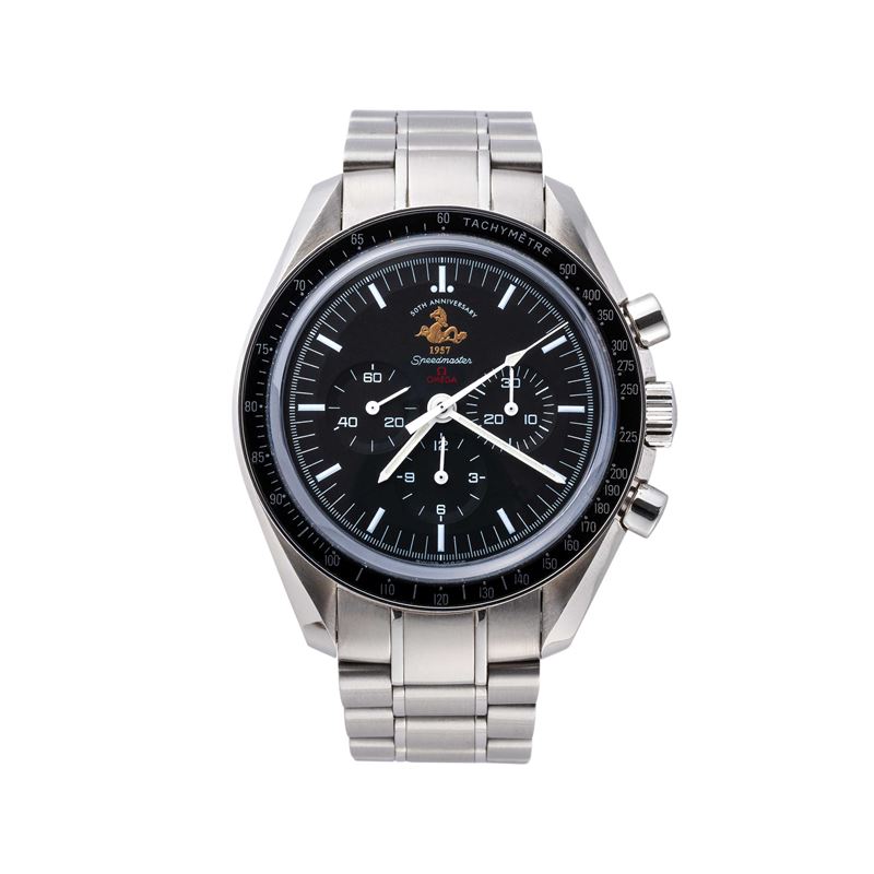 Omega - Speedmaster 50° Anniversario — Cronografo manuale in acciaio con quadrante nero, serie li...