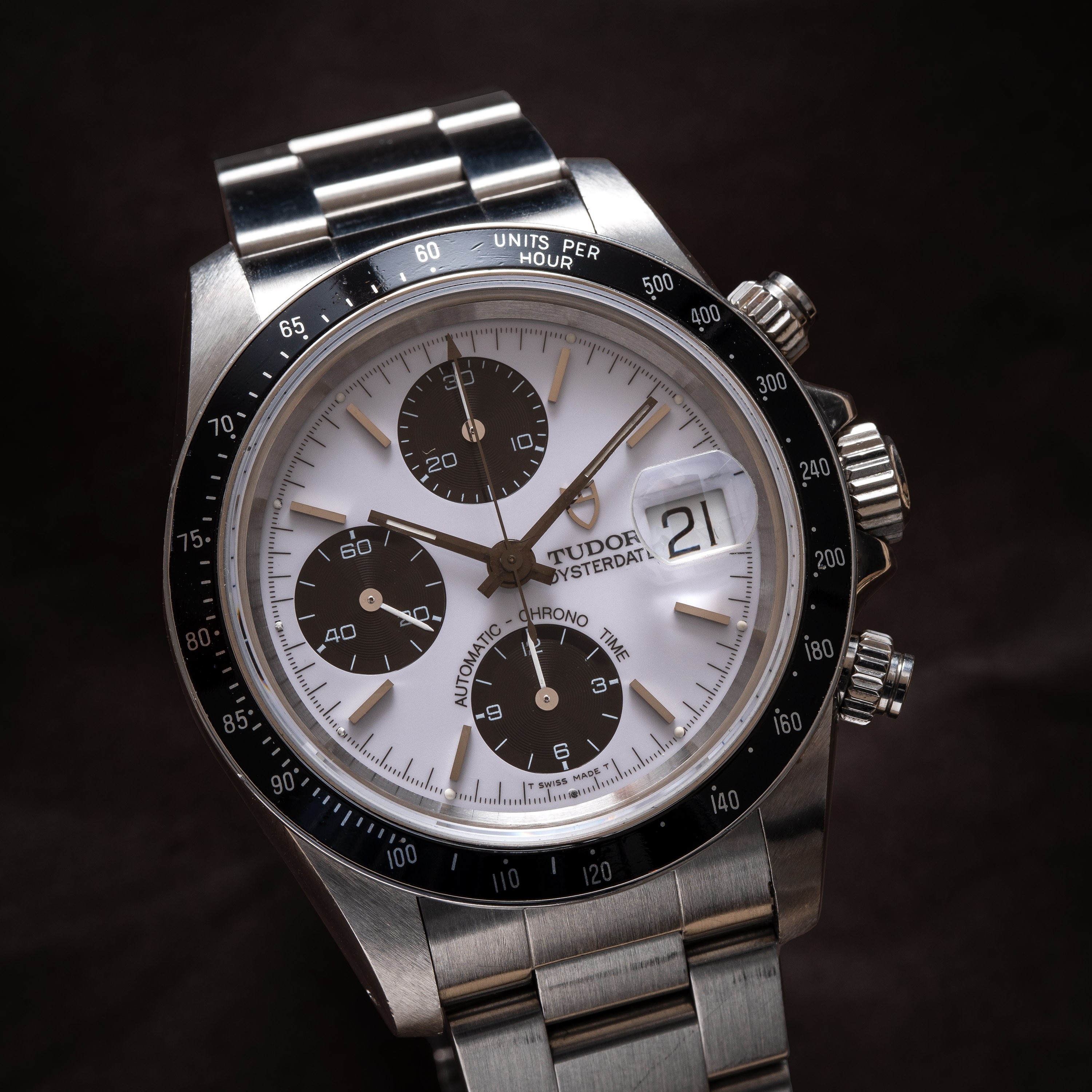 Tudor - Oysterdate Chrono Time 79260, cronografo automatico in acciaio con quadrante bianco