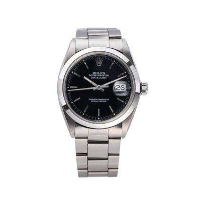 Datejust Ref. 1600, orologio solo tempo automatico in acciaio con quadrante galvanico nero e data...