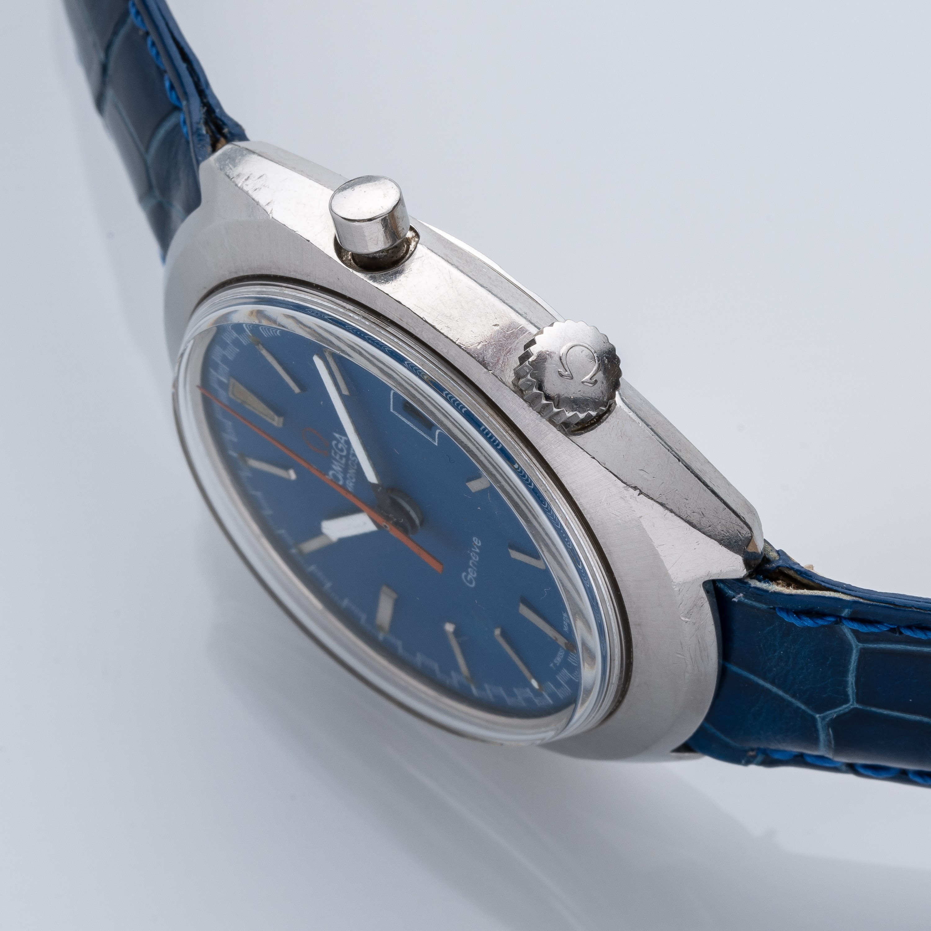 Omega - Chronostop 146.009, cronografo monopulsante a carica manuale in acciaio, quadrante blu