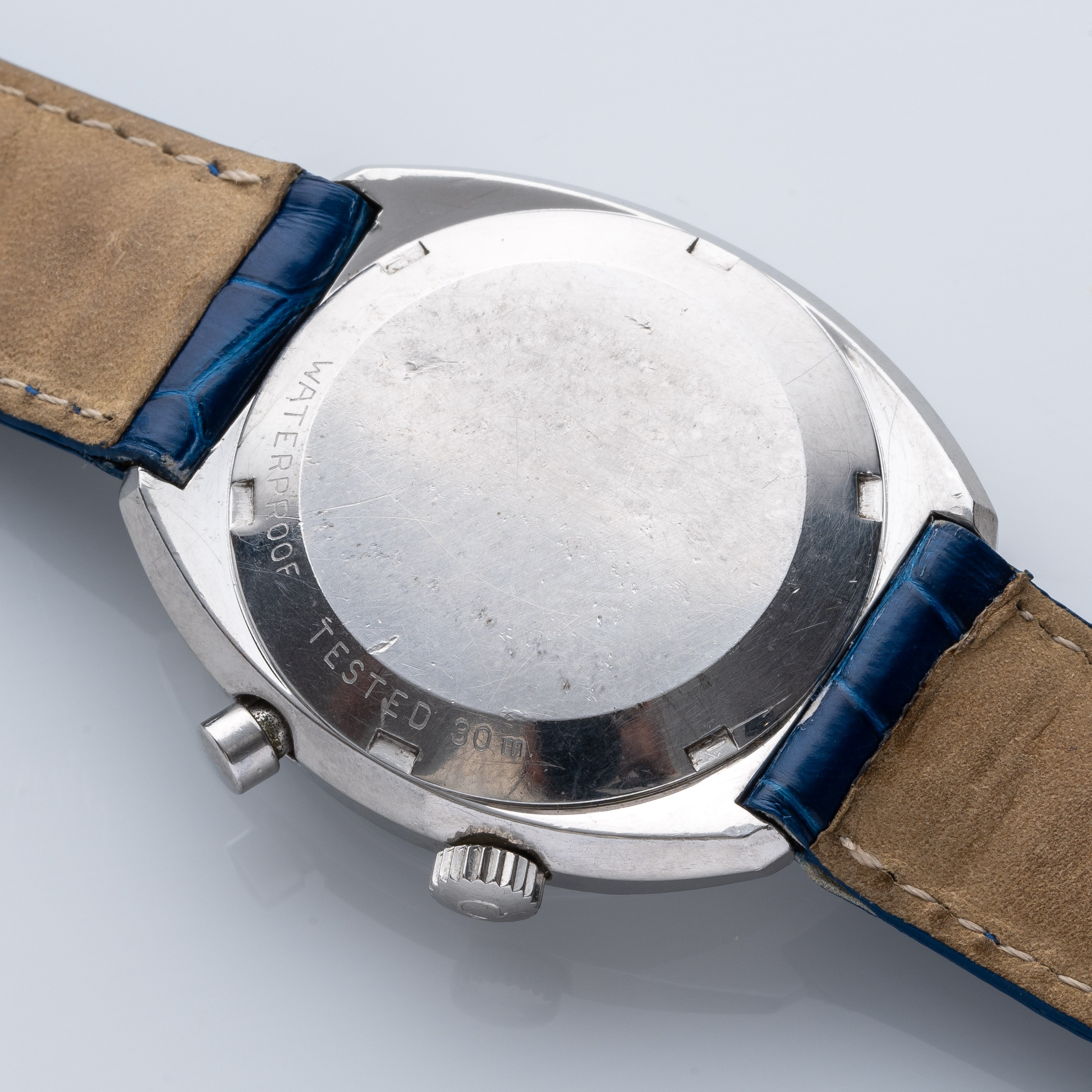 Omega - Chronostop 146.009, cronografo monopulsante a carica manuale in acciaio, quadrante blu