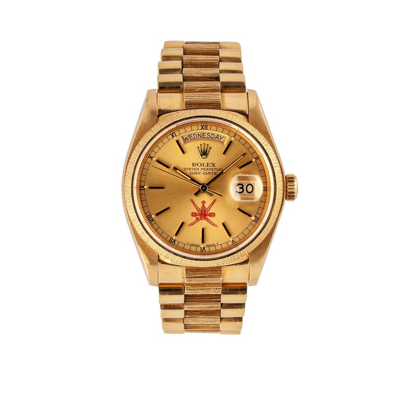 Rolex - Day-Date ref. 18078, oro giallo 18 kt, cal. 3055 (c. 1980) con quadrante “Khanjar”