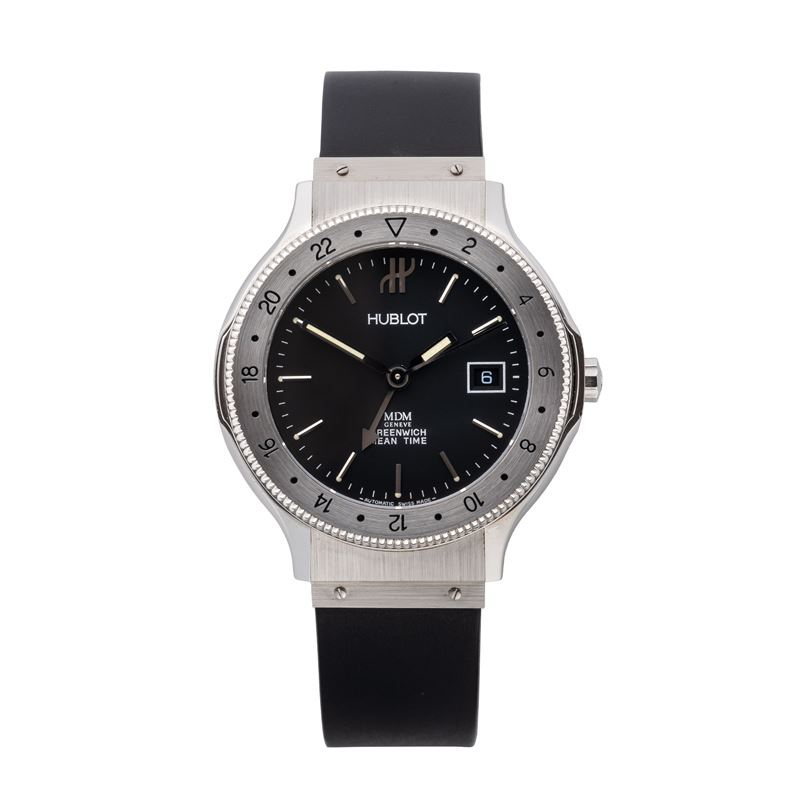 Hublot - MDM GMT — orologio in acciaio a carica automatica con quadrante nero e datario