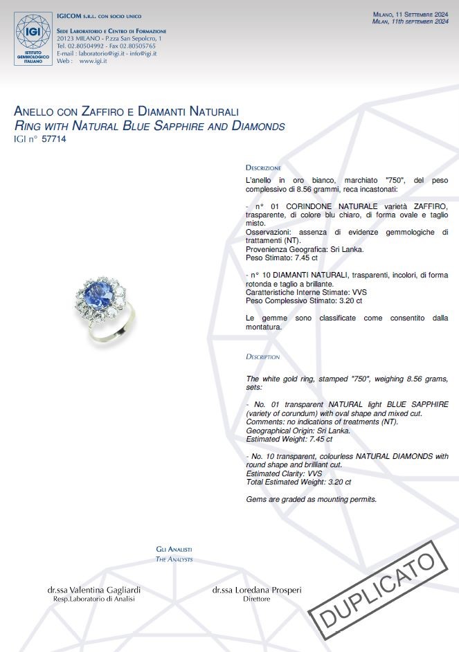 Oro bianco 18 kt, Anello con zaffiro di Ceylon e diamanti