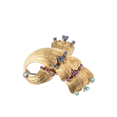 Spilla in oro giallo 18 kt con rubini e zaffiri