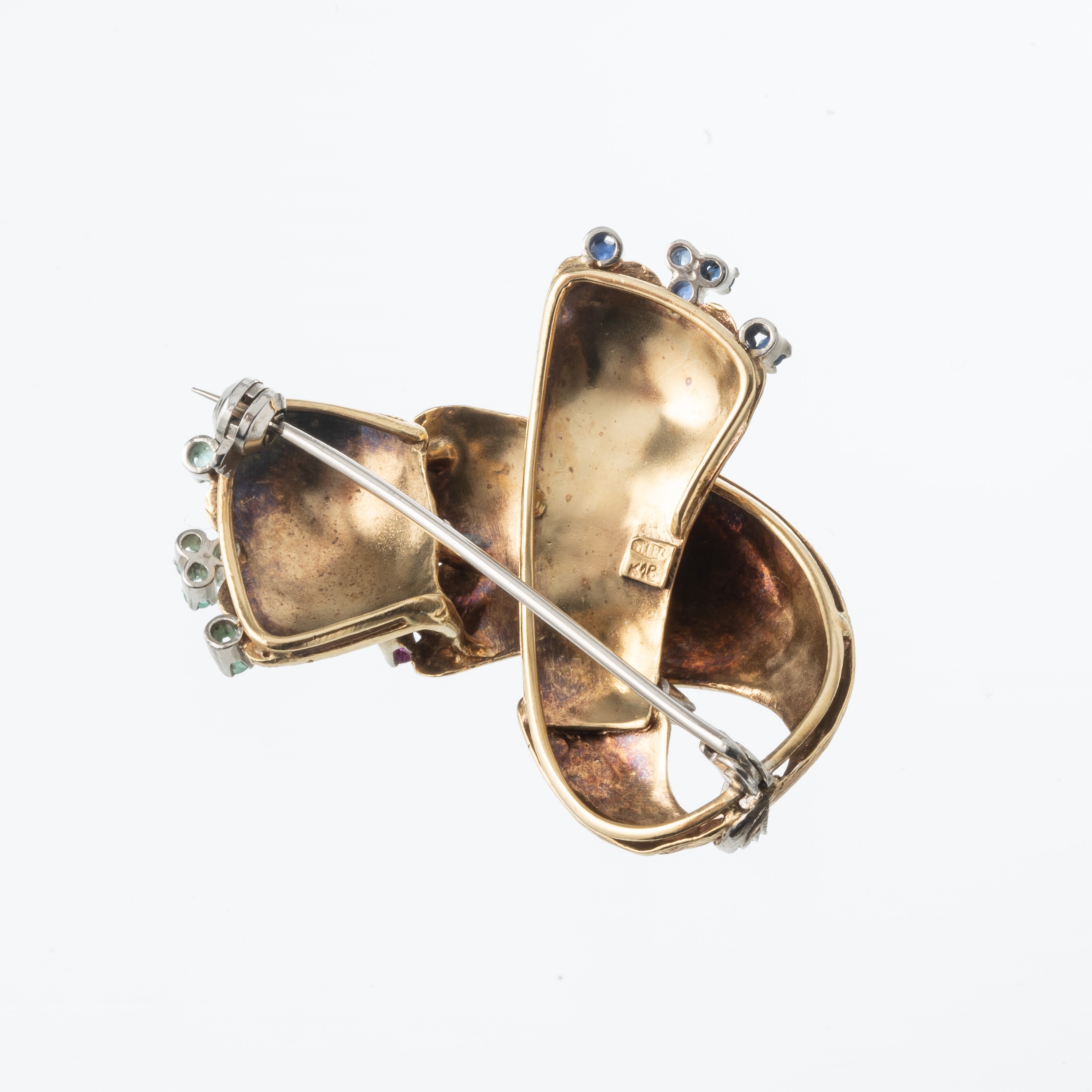 Spilla in oro giallo 18 kt con rubini e zaffiri