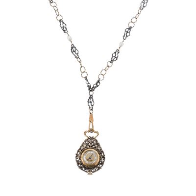 Orologio con catena in oro e argento, perline e ciondolo