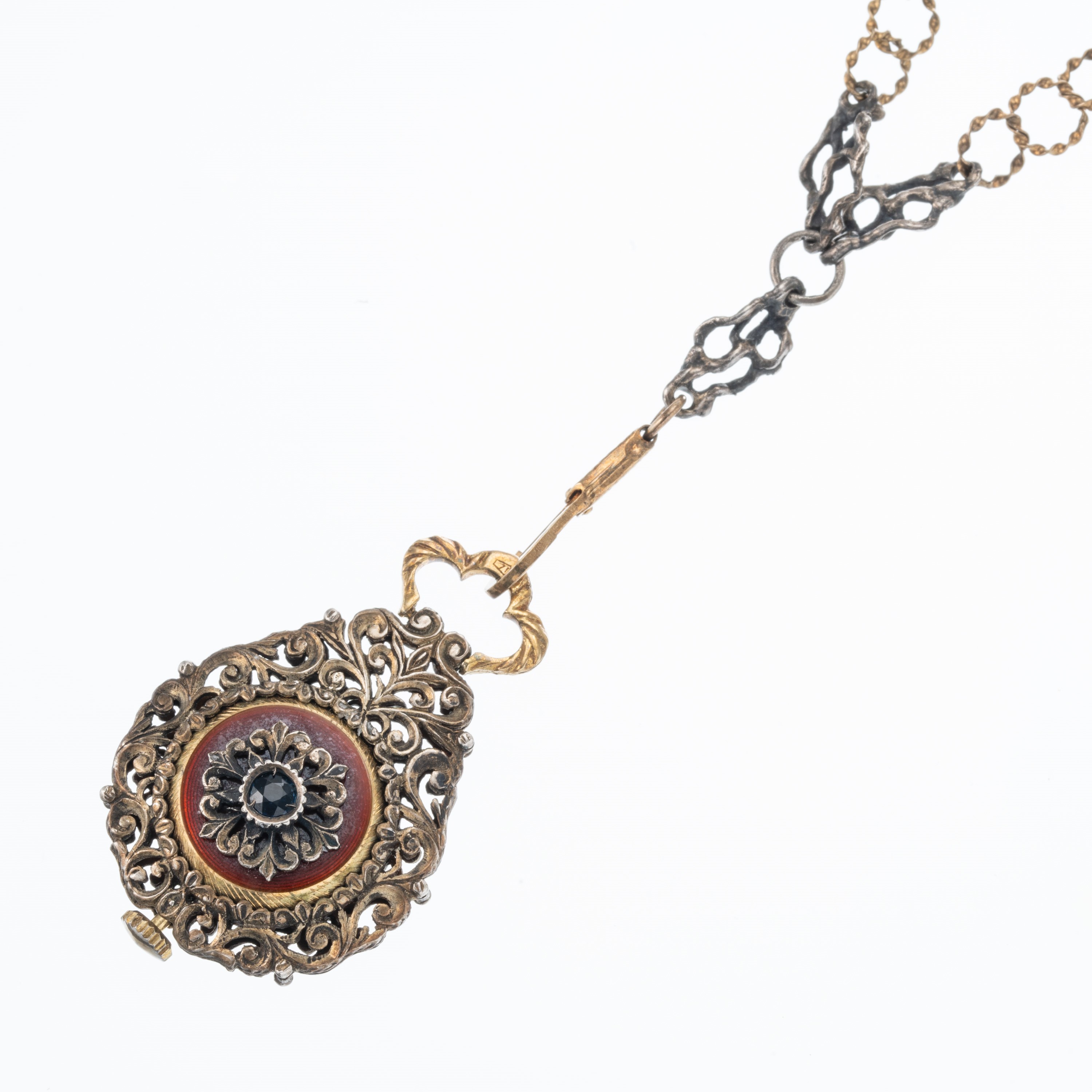 Orologio con catena in oro e argento, perline e ciondolo