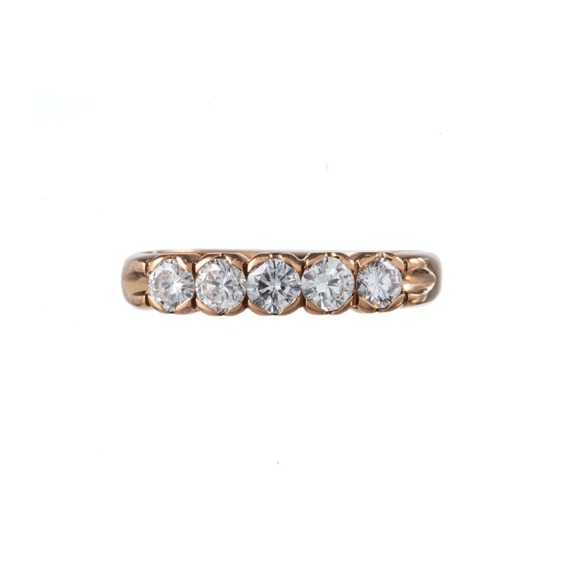 Oro giallo 18 kt, Fedina con diamanti e 5 pietre (circa 1 ct)