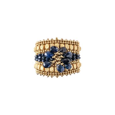 Parure, oro giallo 18 kt e zaffiri a sferette sfaccettate e forate
