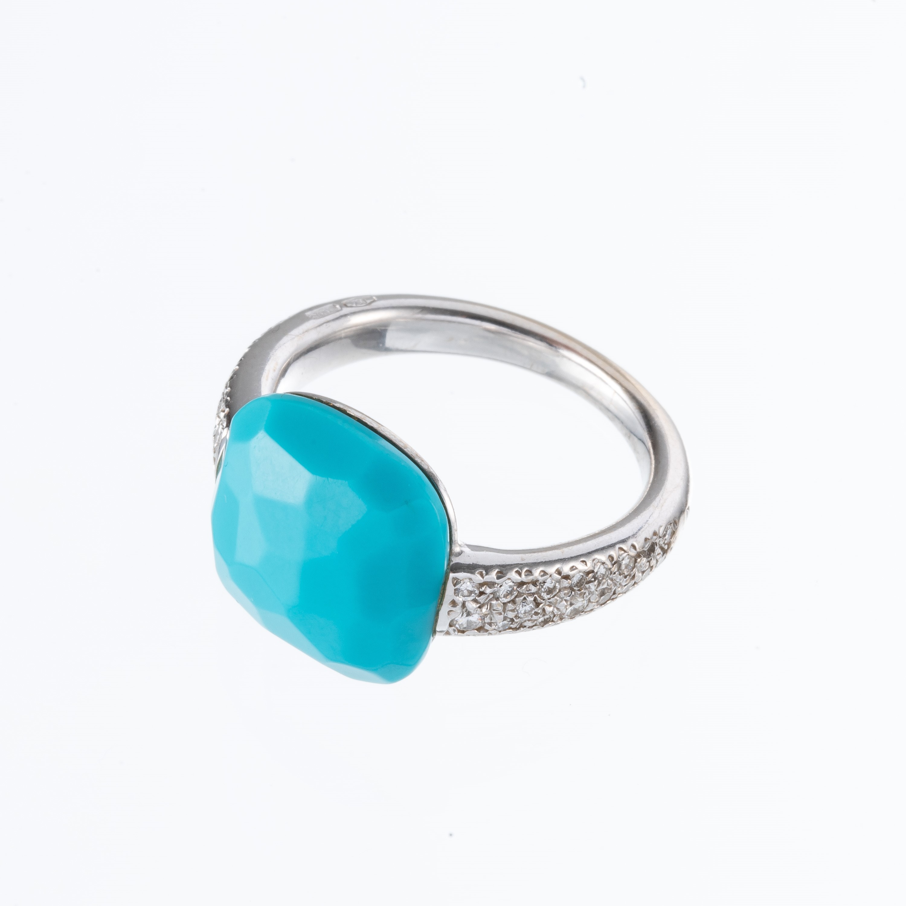Pomellato - Anello e orecchini in oro bianco 18 kt con turchese e diamanti