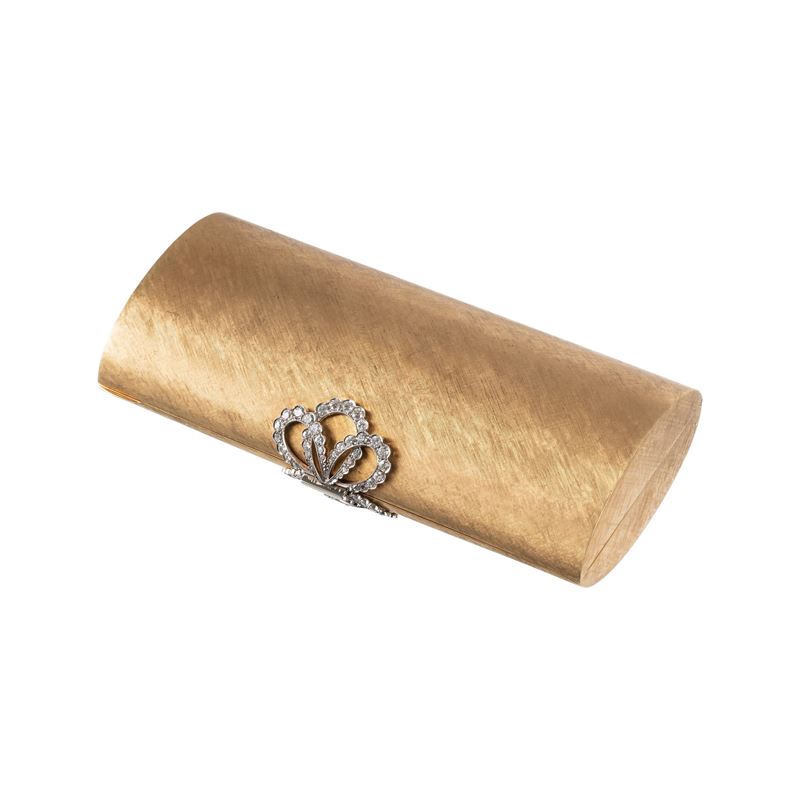 Pochette in oro 18 kt con diamanti, completa di pettine, specchio e comparto cipria