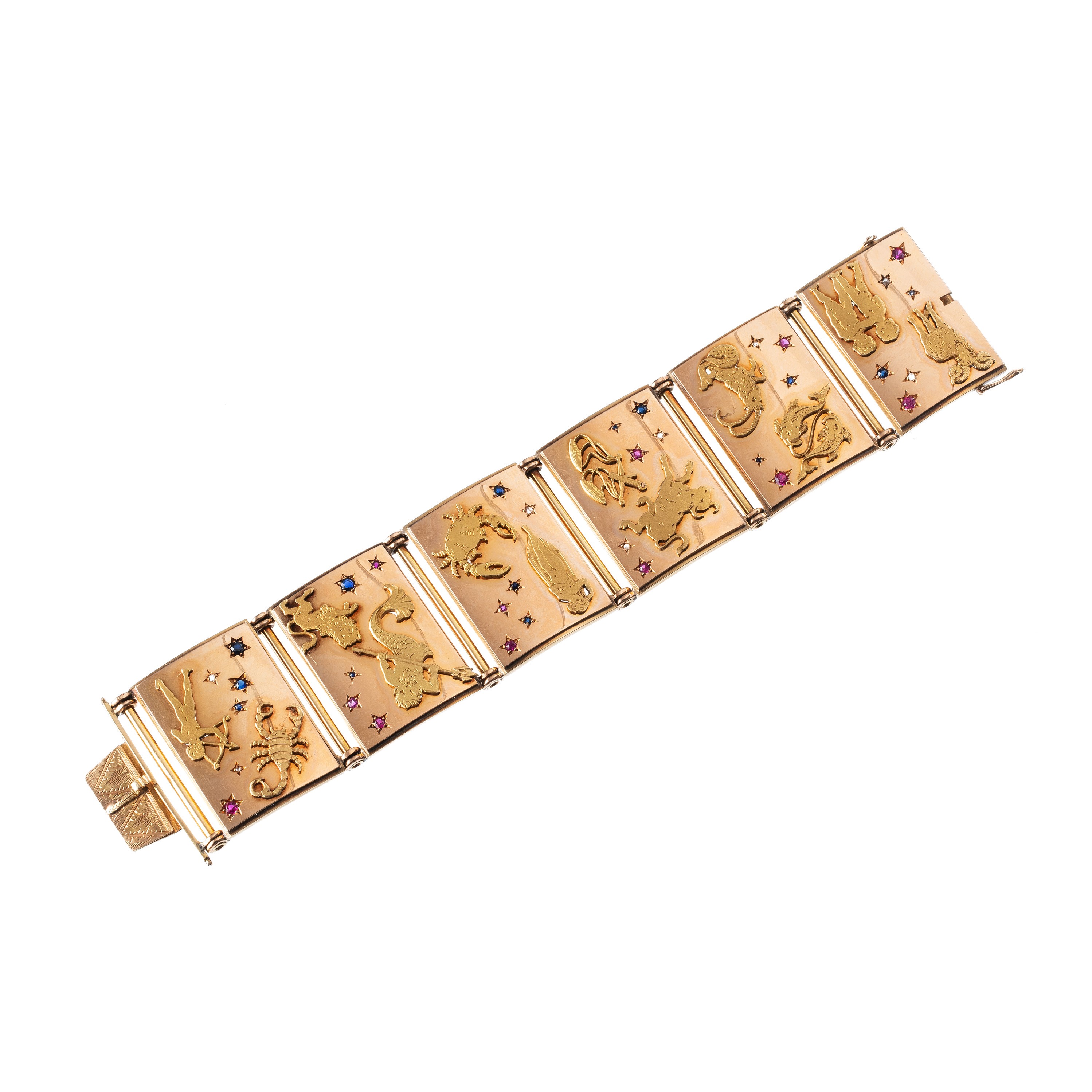 Leo Zoratti, Bracciale in oro 18 kt con segni zodiacali, zaffiri, rubini e diamanti (1936)