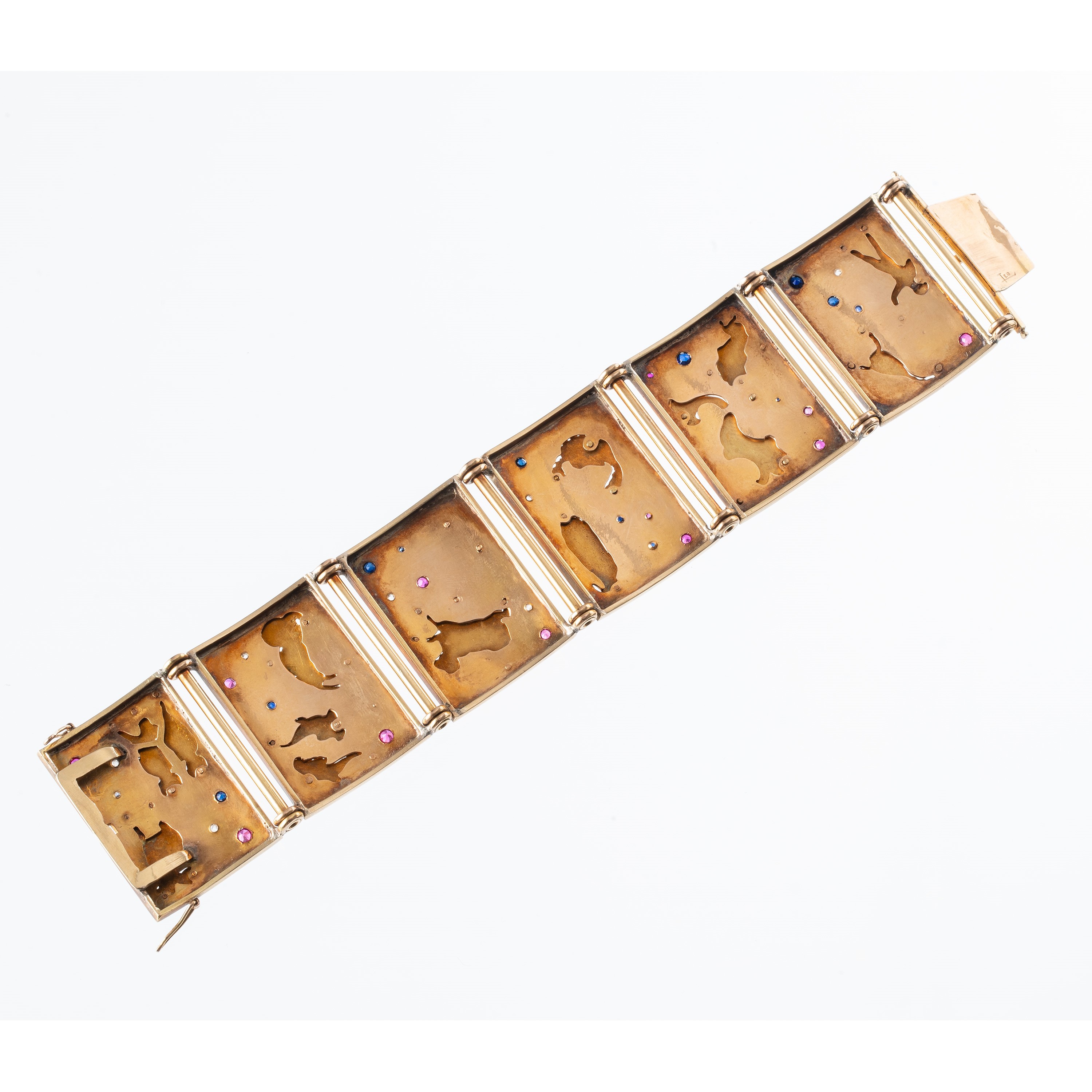 Leo Zoratti, Bracciale in oro 18 kt con segni zodiacali, zaffiri, rubini e diamanti (1936)