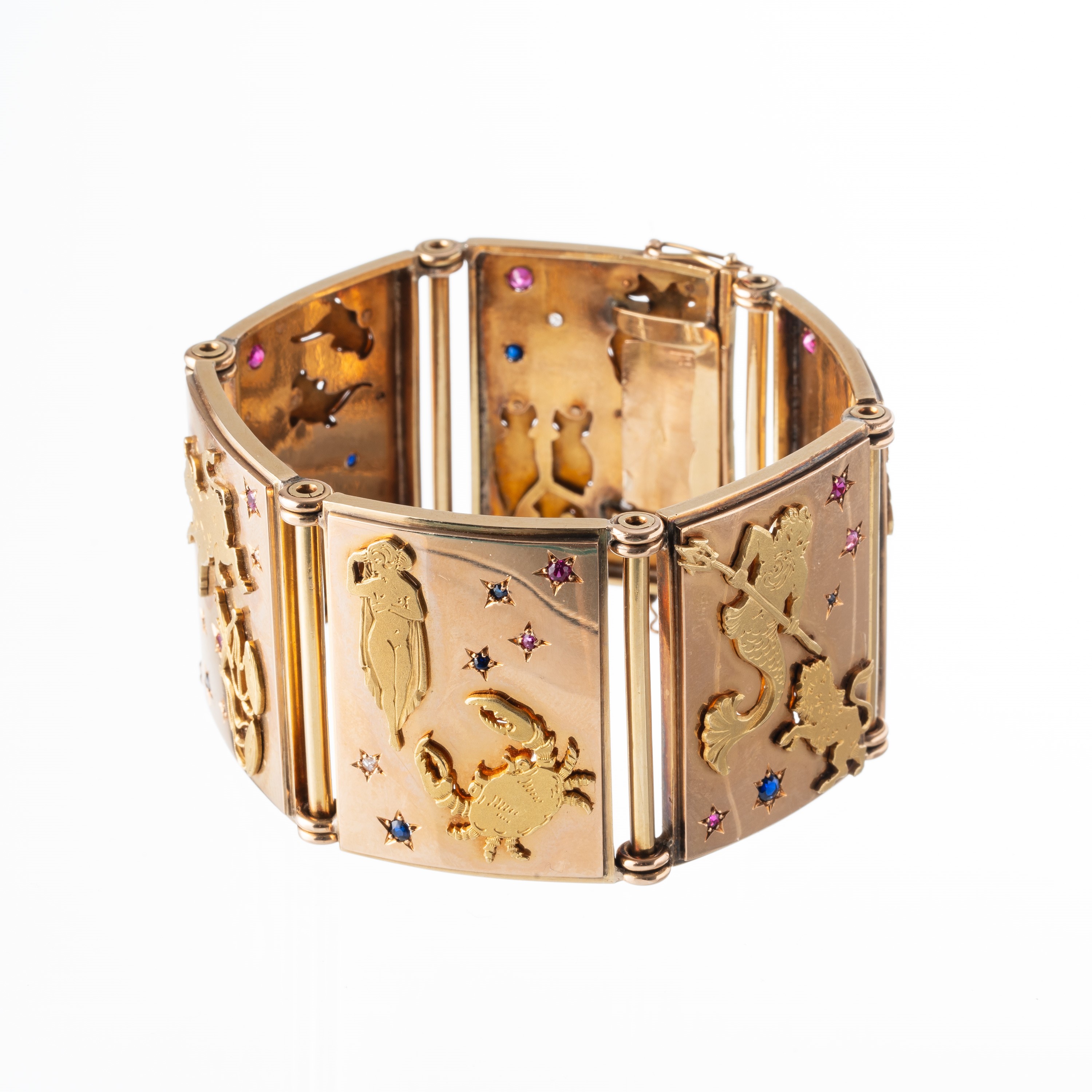 Leo Zoratti, Bracciale in oro 18 kt con segni zodiacali, zaffiri, rubini e diamanti (1936)