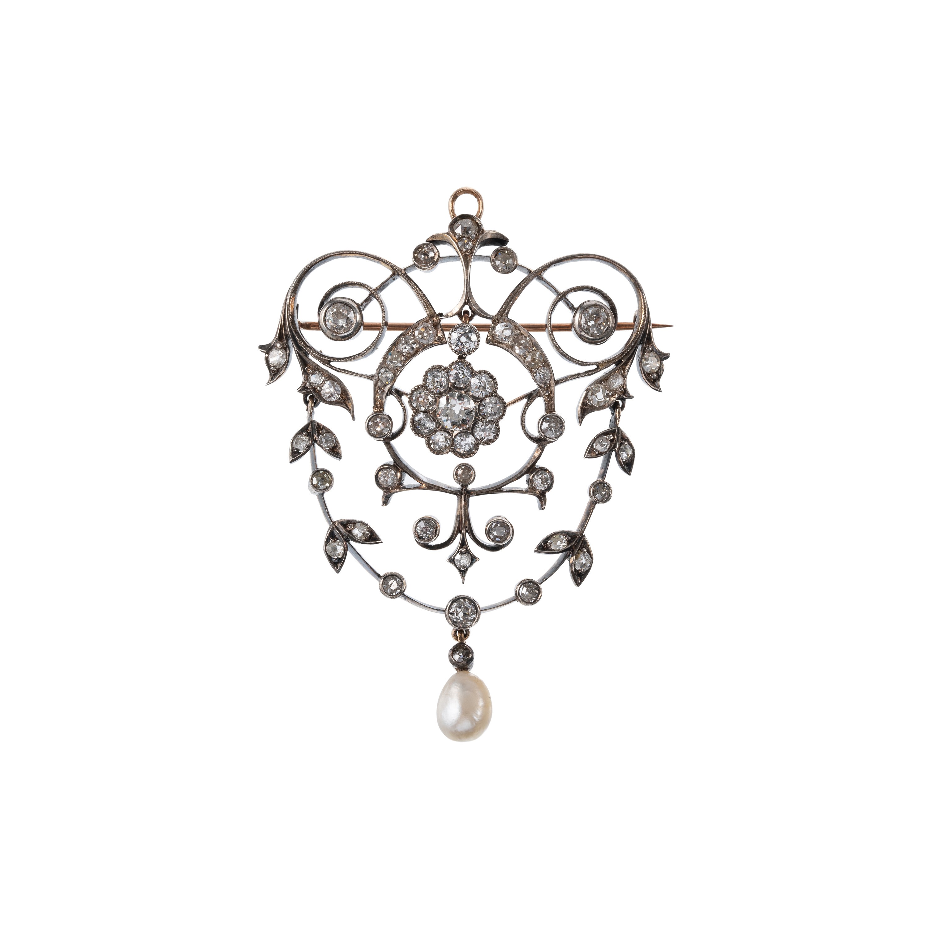 Ciondolo/spilla in oro giallo 18 kt e argento con diamanti, 51 × 45 mm