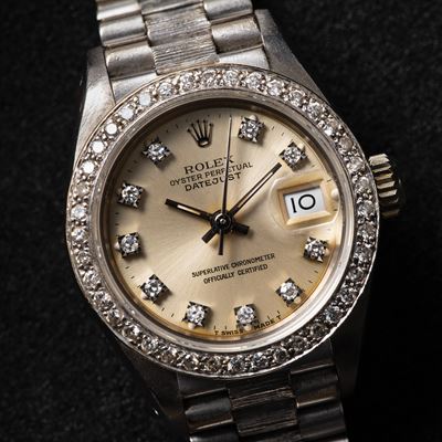 Datejust 69279 (1982) — Orologio solo tempo automatico in oro bianco 18 kt con diamanti e quadran...