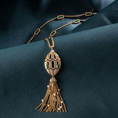 Collana Serpenti seduttori in oro giallo 18 kt con diamanti e malachite