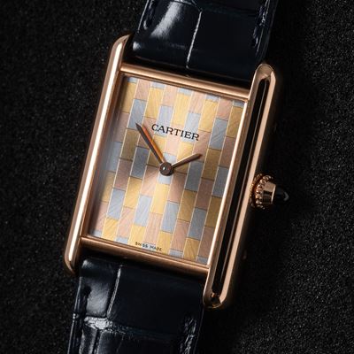 Orologio Tank in oro rosa 18 kt a carica manuale con quadrante “Tre Ori”