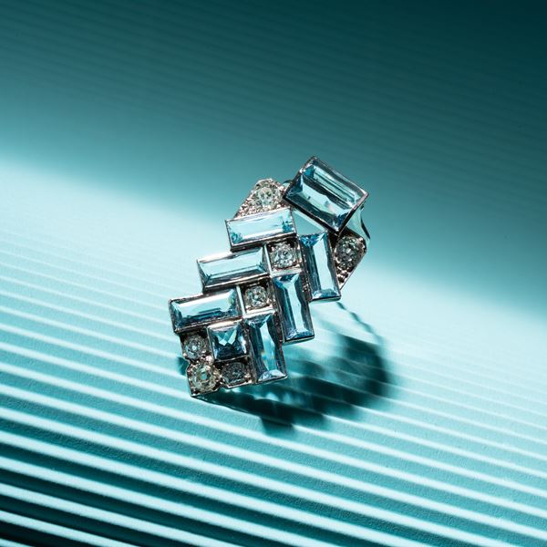 CARTIER - CIONDOLO CLIP IN ORO BIANCO 18 KT E PLATINO CON DIAMANTI E ACQUEMARINE