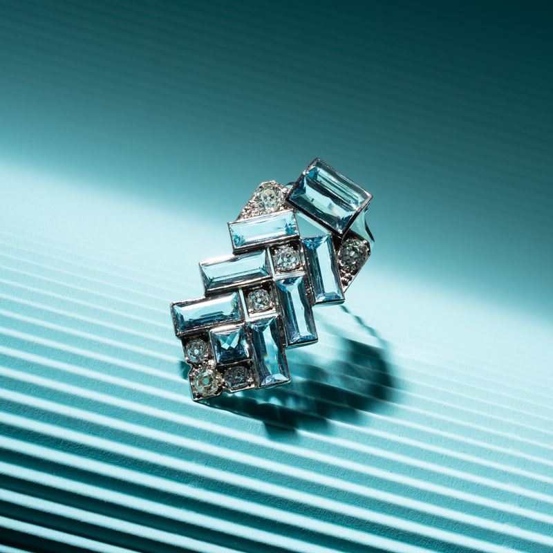 Cartier - Ciondolo clip in oro bianco 18 kt e platino con diamanti e acquemarine
