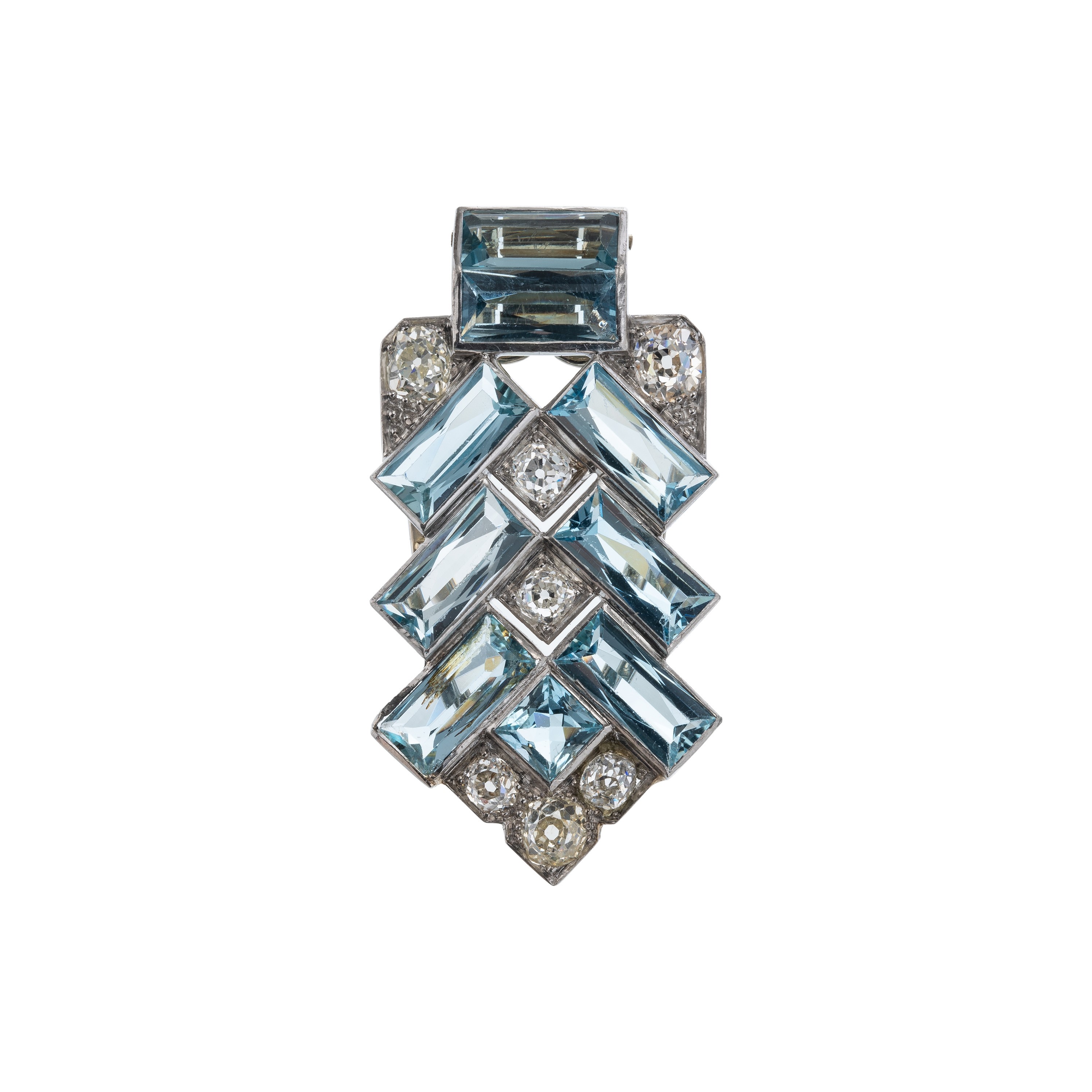 Cartier - Ciondolo clip in oro bianco 18 kt e platino con diamanti e acquemarine