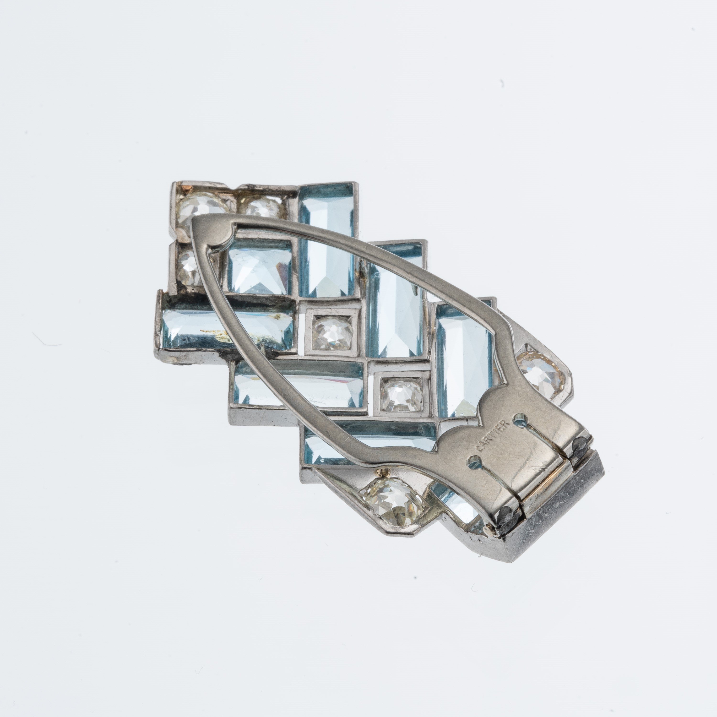 Cartier - Ciondolo clip in oro bianco 18 kt e platino con diamanti e acquemarine
