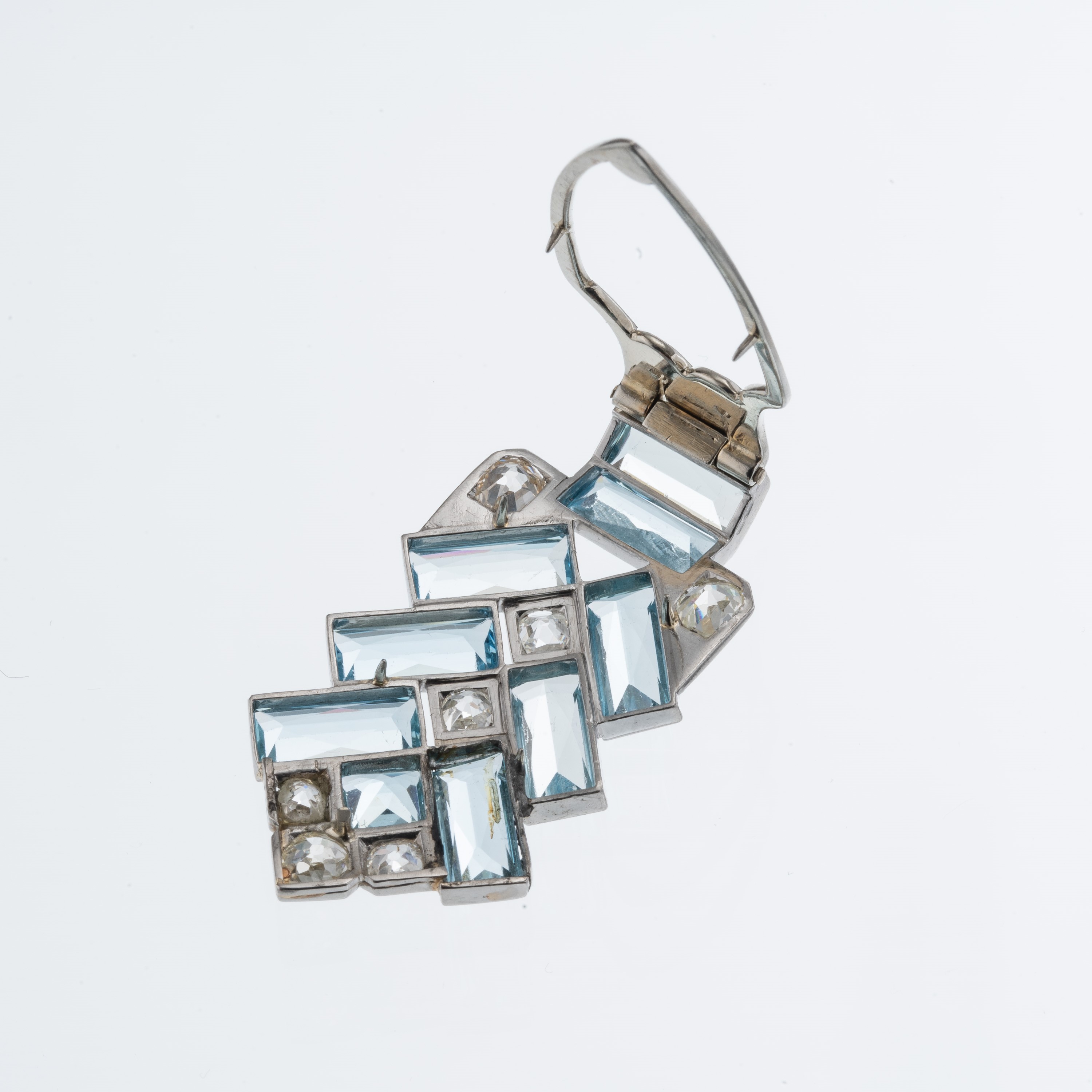 Cartier - Ciondolo clip in oro bianco 18 kt e platino con diamanti e acquemarine