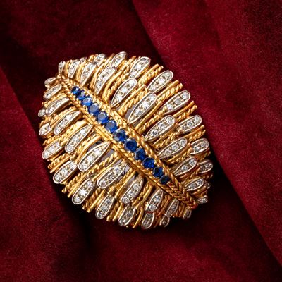 Spilla in oro giallo 18 kt con zaffiri e diamantini