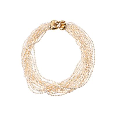 Girocollo in perline, chiusura in oro giallo 18 kt con brillanti
