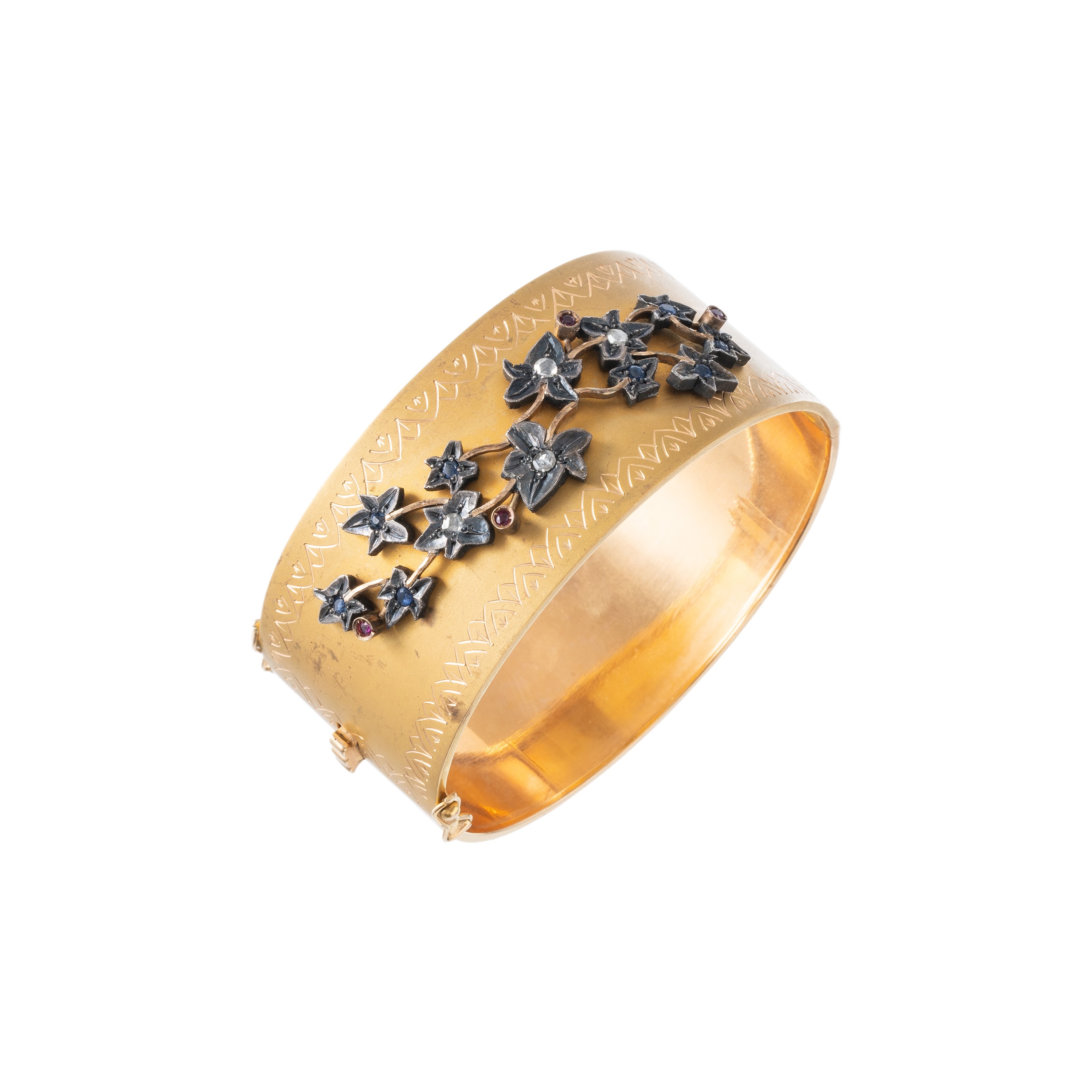 Bracciale alla schiava in oro giallo 18 kt, argento brunito, rosette di diamanti