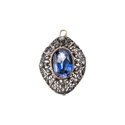 Ciondolo spilla in oro 18 kt e argento, zaffiro sintetico, rosette di diamante traforato